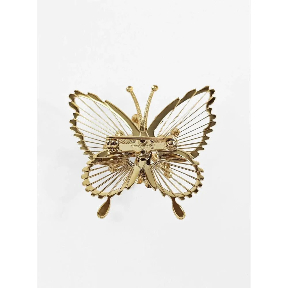 Vintage Monet Butterfly Brooch Pin Gold Tone Clear Rhinestones Open Wire